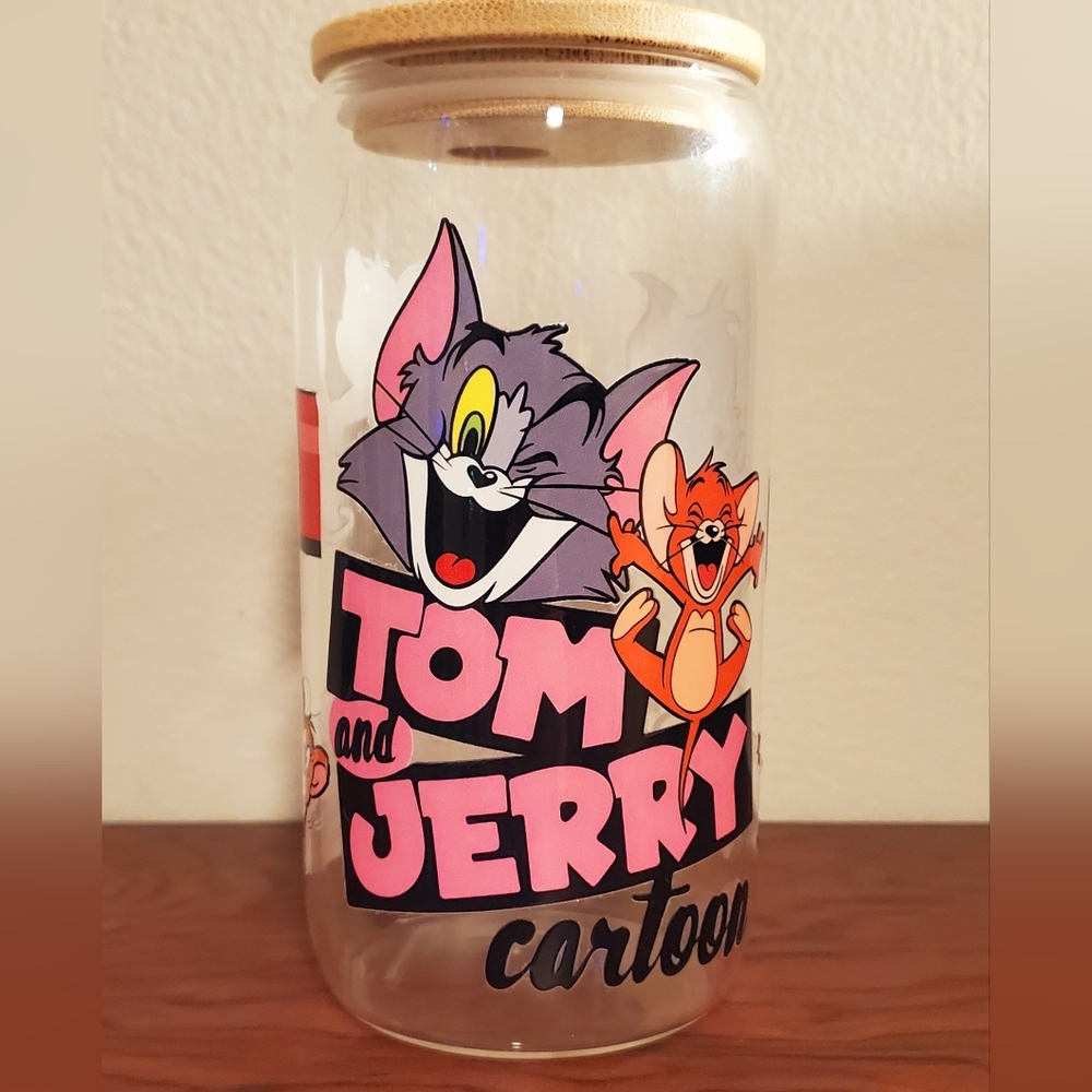 🪻3/$25 Tom and Jerry Cute Cartoon Glass tumbler 16oz reusable straw bamboo lid